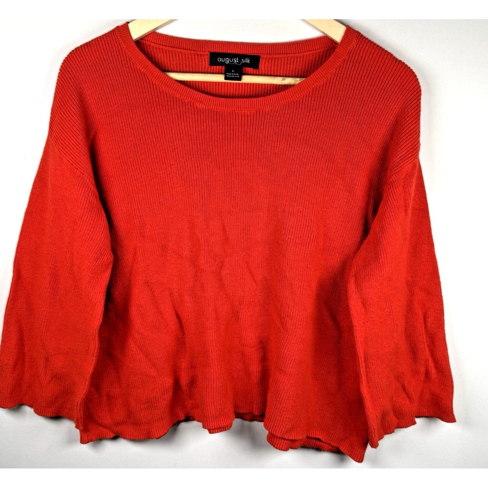 August Silk Red Orange Round Neck Lightweight Ribbed Boxy Sweater Womens Large‎